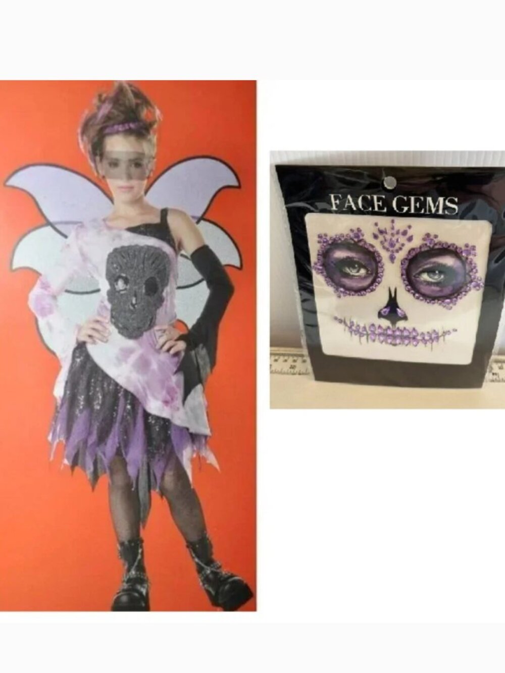Purple Skull Fairy & Face Gems Halloween Costume 10/12 Dress, Wings 6 Pc Girls